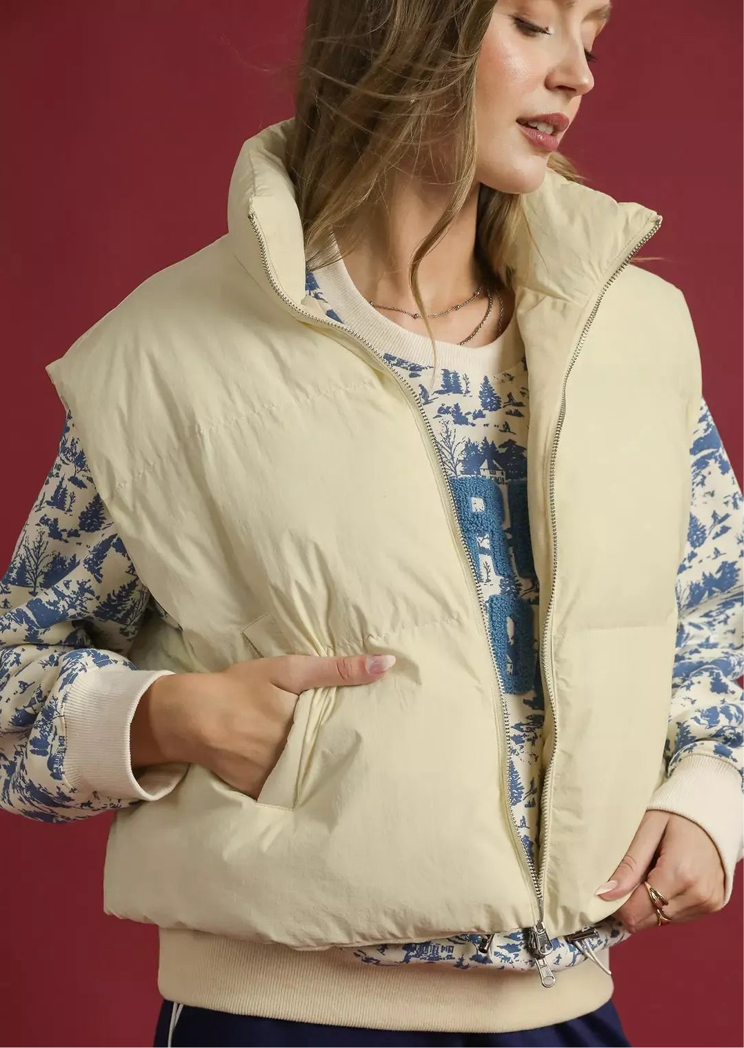 Umgee High Neck Puffer Vest with Zip Front