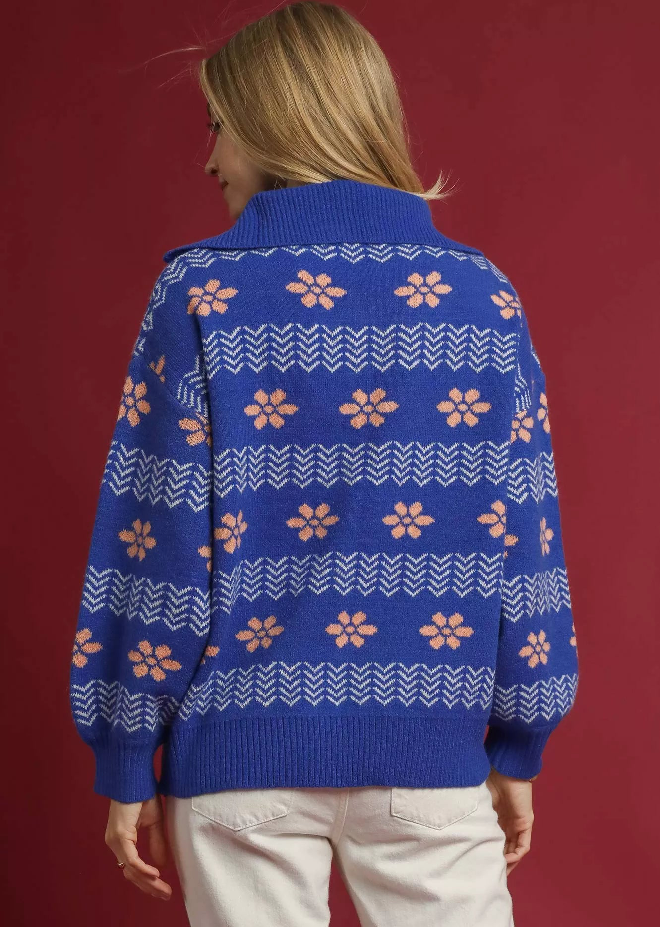 Umgee Floral Patterned Jacquard Quarter-Zip Pullover Sweater