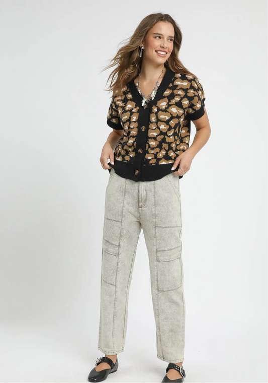 Umgee Leopard Button Down Short Sleeve Cardigan