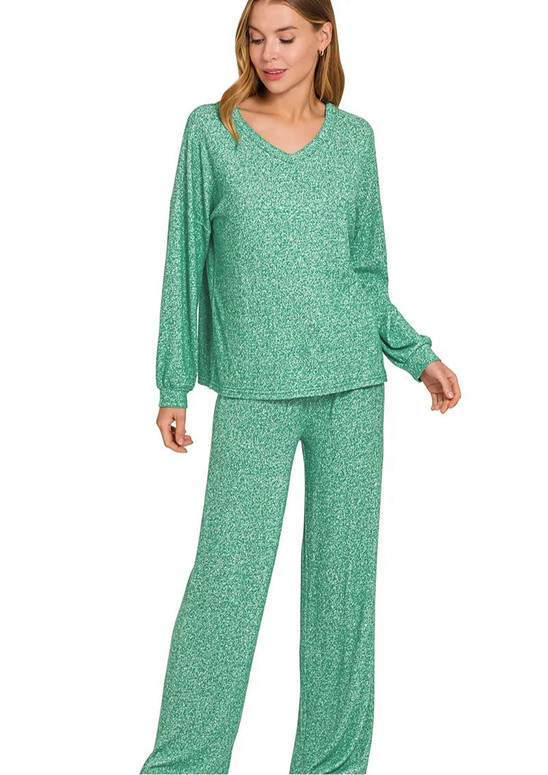 Zenana Soft Melange Long Sleeve Tee & Pants Set