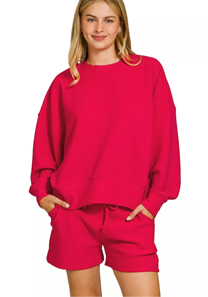 Zenana Ribbed Round Neck Pullover and Shorts Set