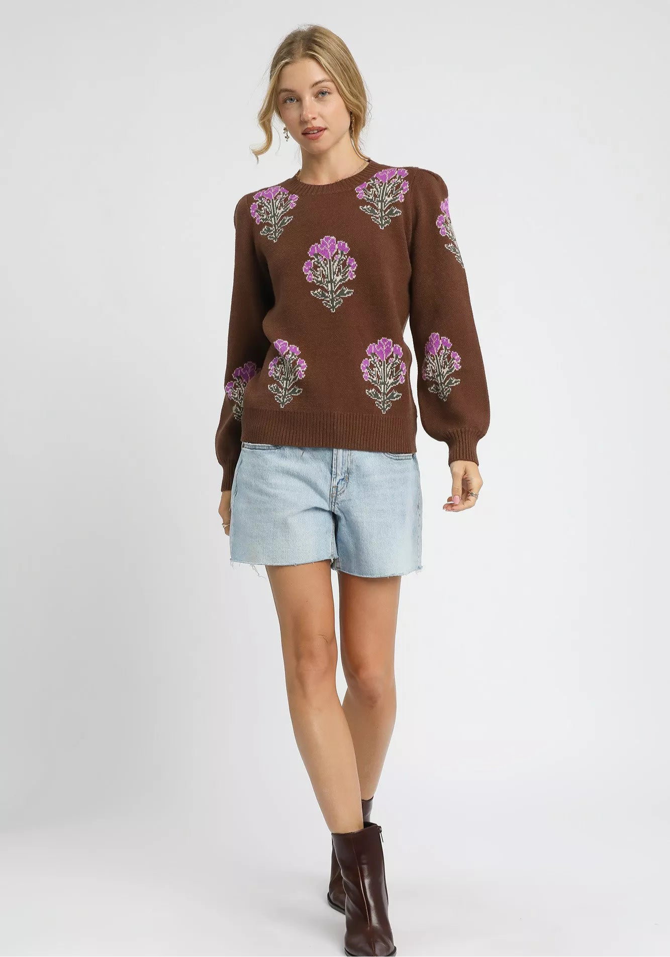 Umgee Single Flower Stem Jacquard Sweater