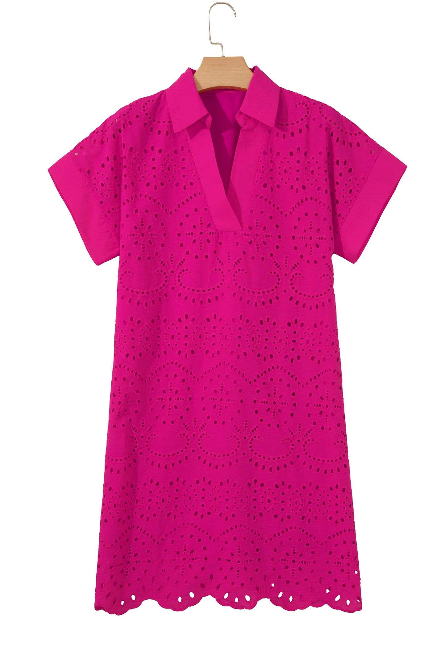 Rose Red Solid Color Eyelet Embroidered T Shirt Mini Dress