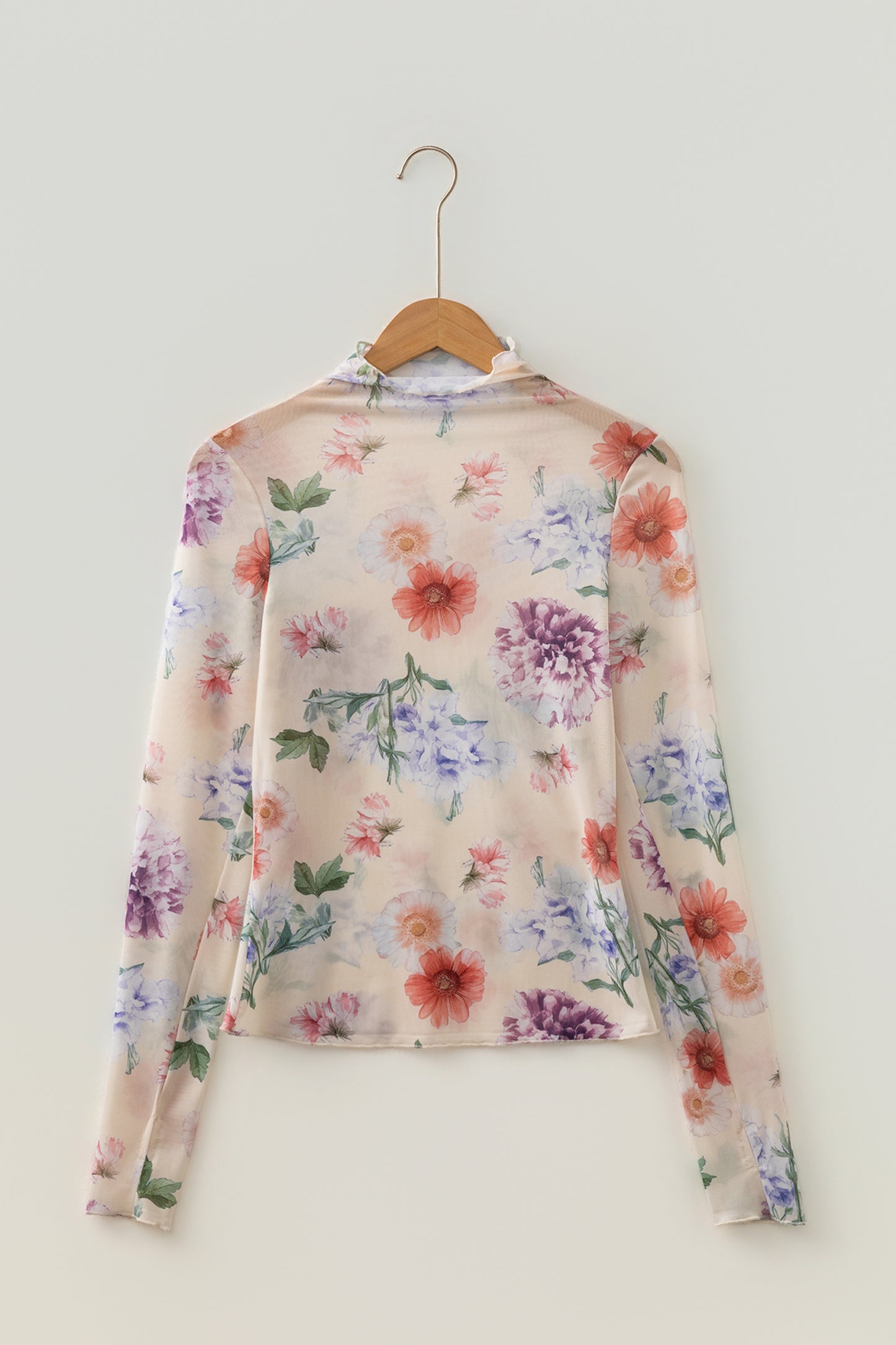 Apricot Floral Print Mock Neck Thumbhole Long Sleeve Top