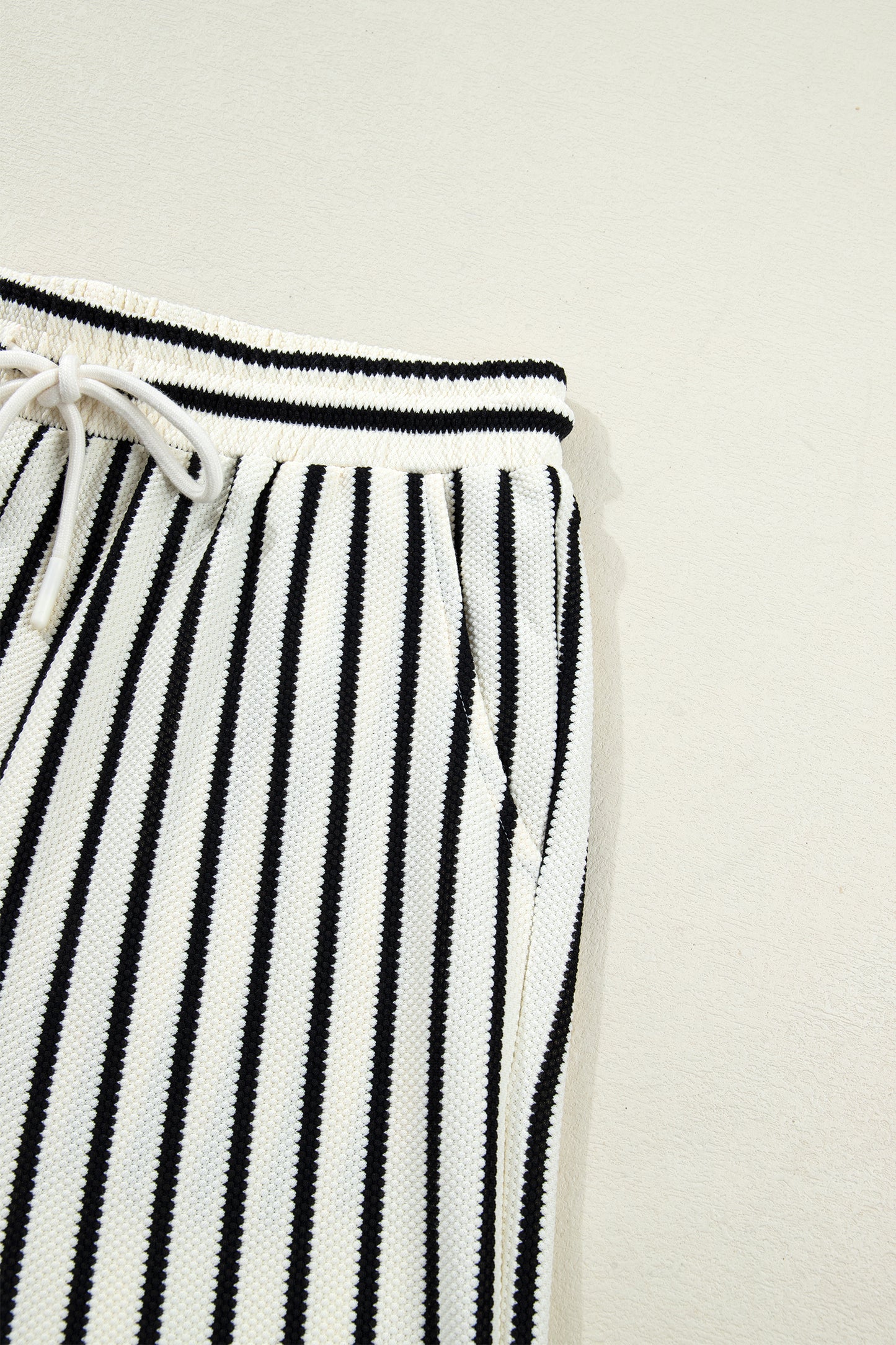 White Stripe Ruffle Trim Drop Shoulder Top Drawstring Loose Pant Set