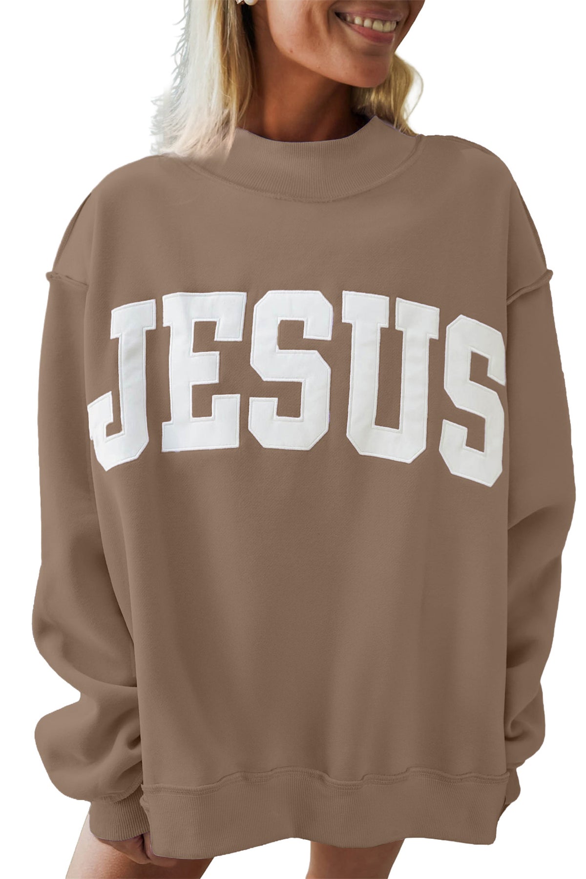 JESUS Graphic Exposed Seam Mock Neck Sweatshirt