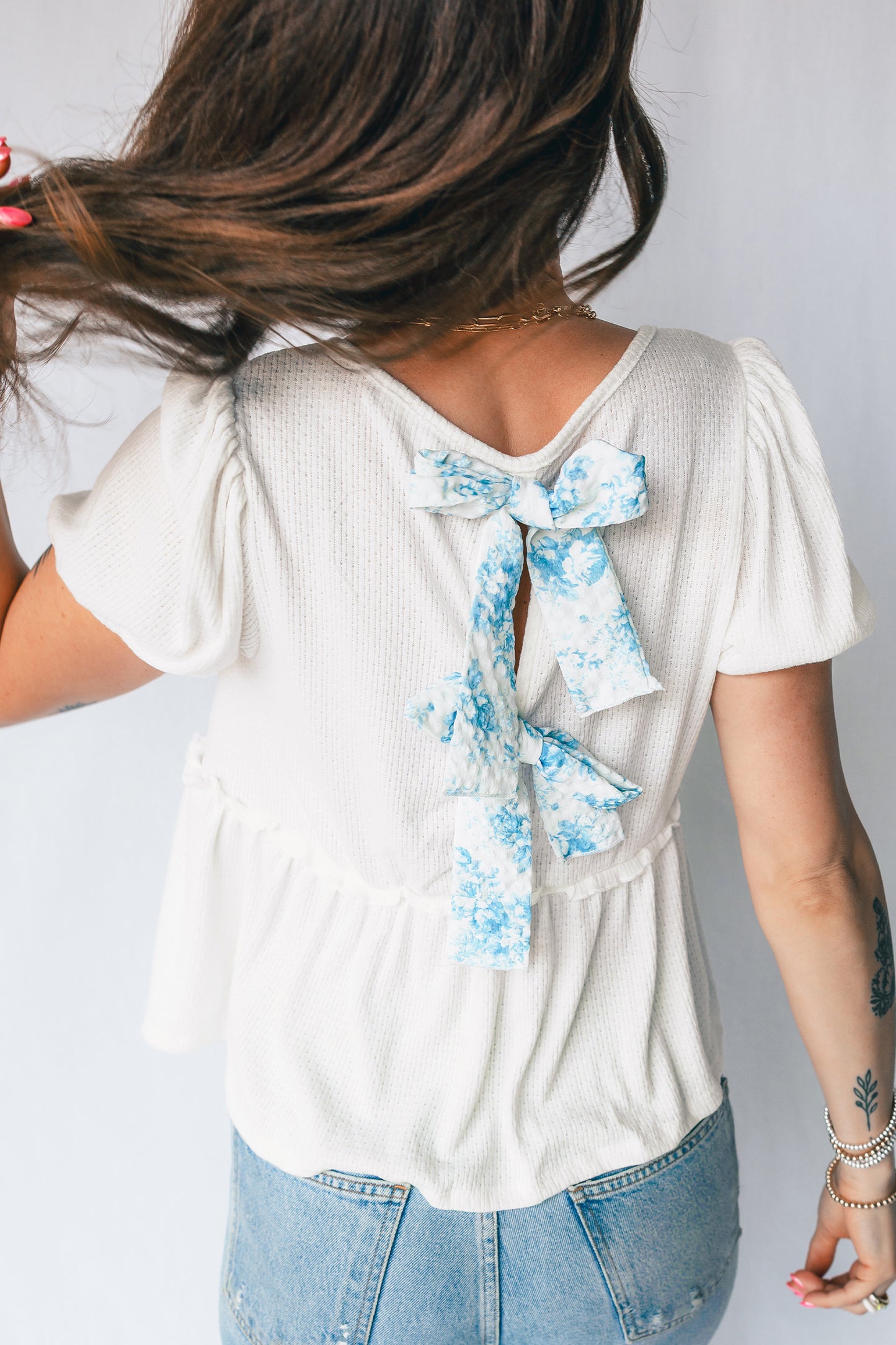 White Bubble Sleeve Peplum Top