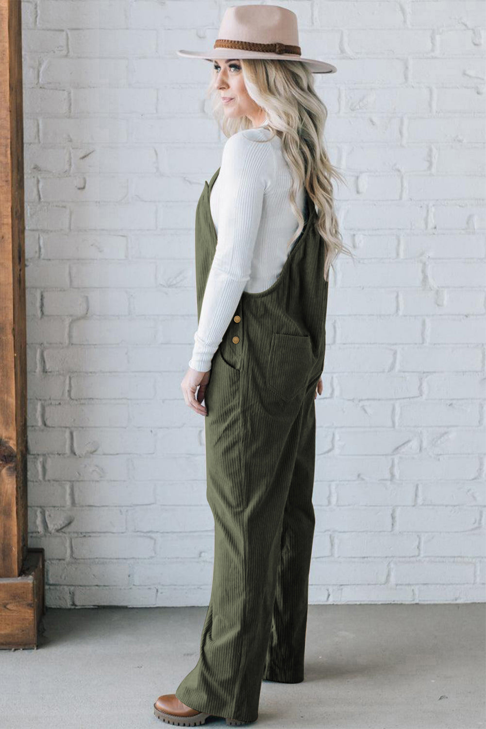 Real Teal Button Adjustable Straps Solid Color Corduroy Jumpsuit