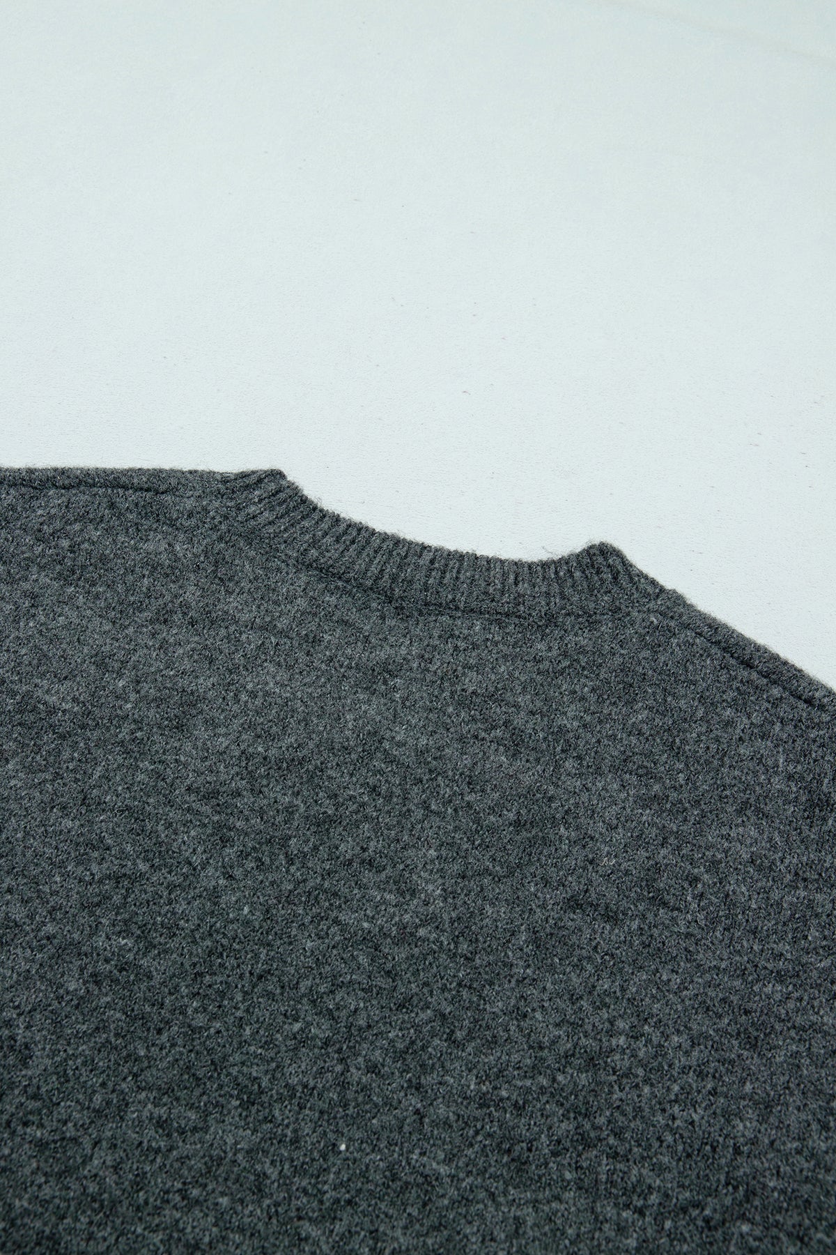 Dark Grey Beaded Floral Accent Casual Round Neck Sweater