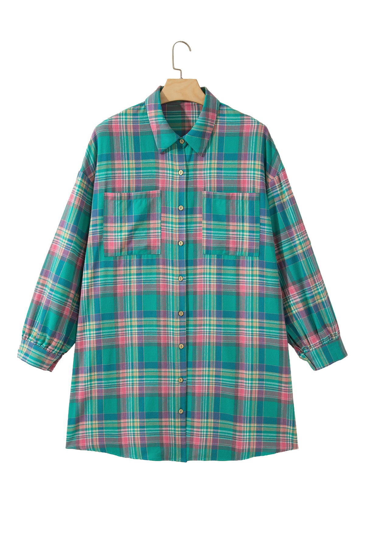 Green Plaid Button-Up Shift Long Sleeve V Neck Plus Size Dress