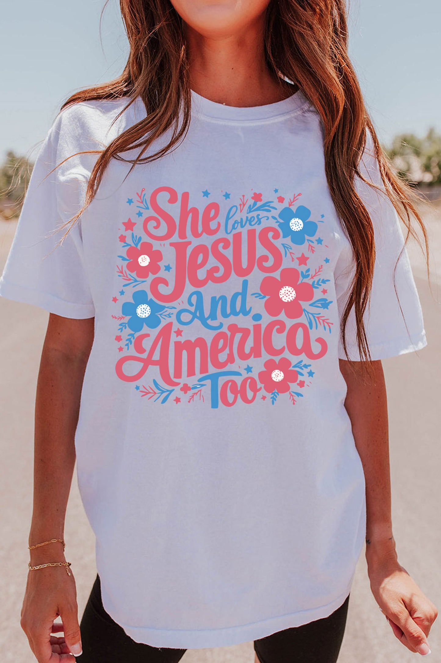 White She Loves Jesus And America Too Floral Graphic Tee
