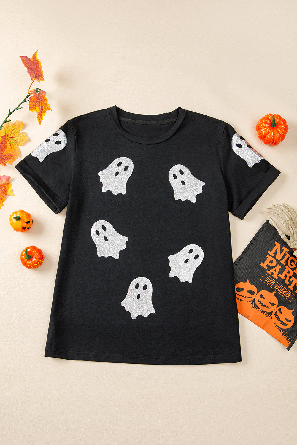 Glitter Ghost Pattern Crew Neck Halloween T Shirt
