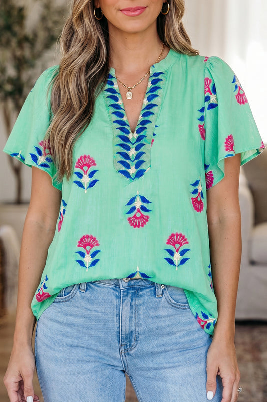 Green Floral V Neck Flutter Sleeve Blouse