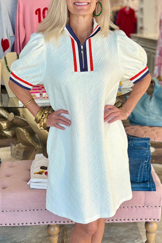 White Textured Half Zip Dress