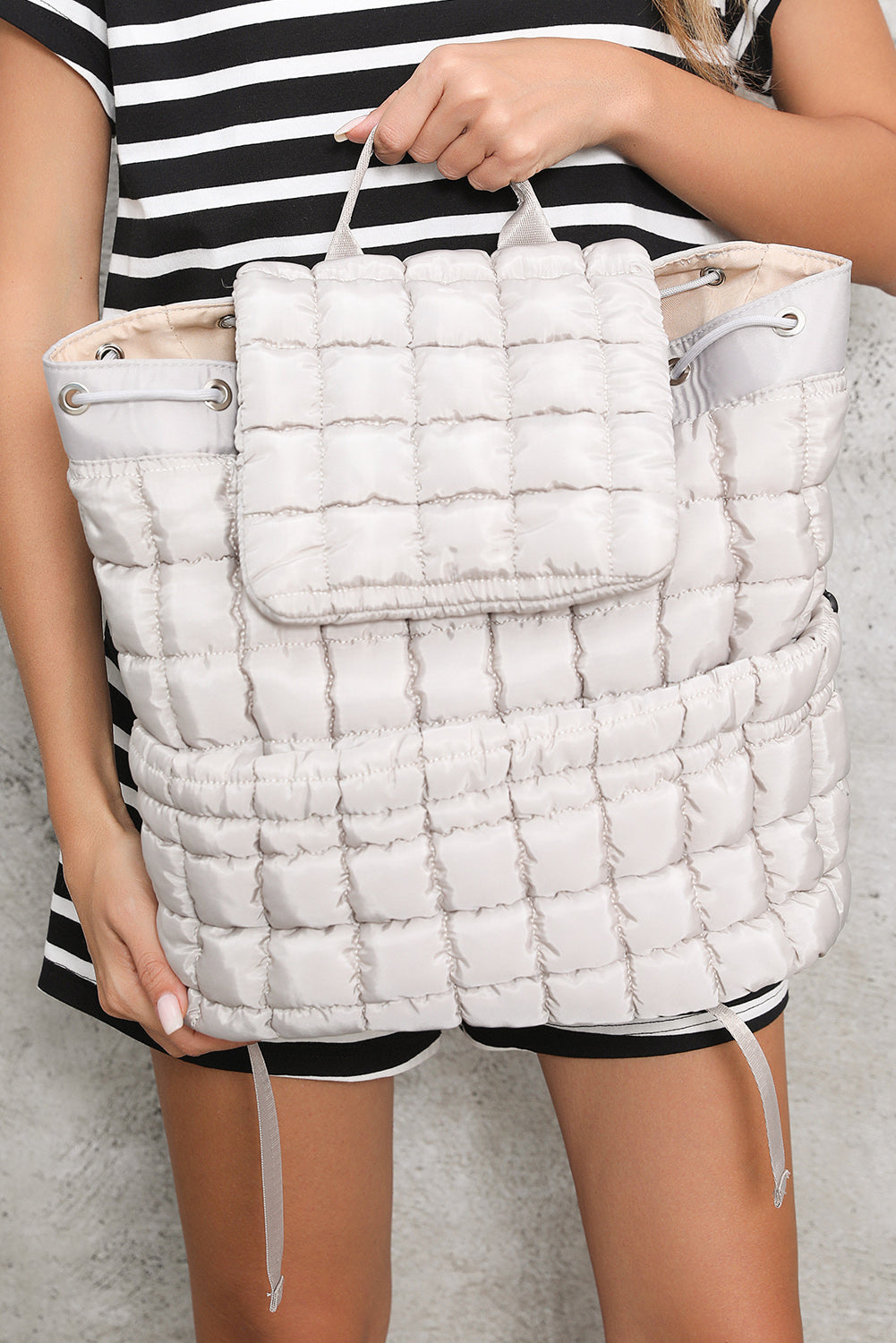 Coffee Solid Flapped Quilted Puffer Backpack