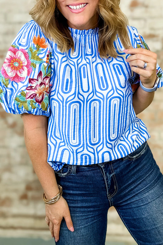 Sky Blue Unique Geometry Print Floral Embroidered Puff Sleeve Blouse