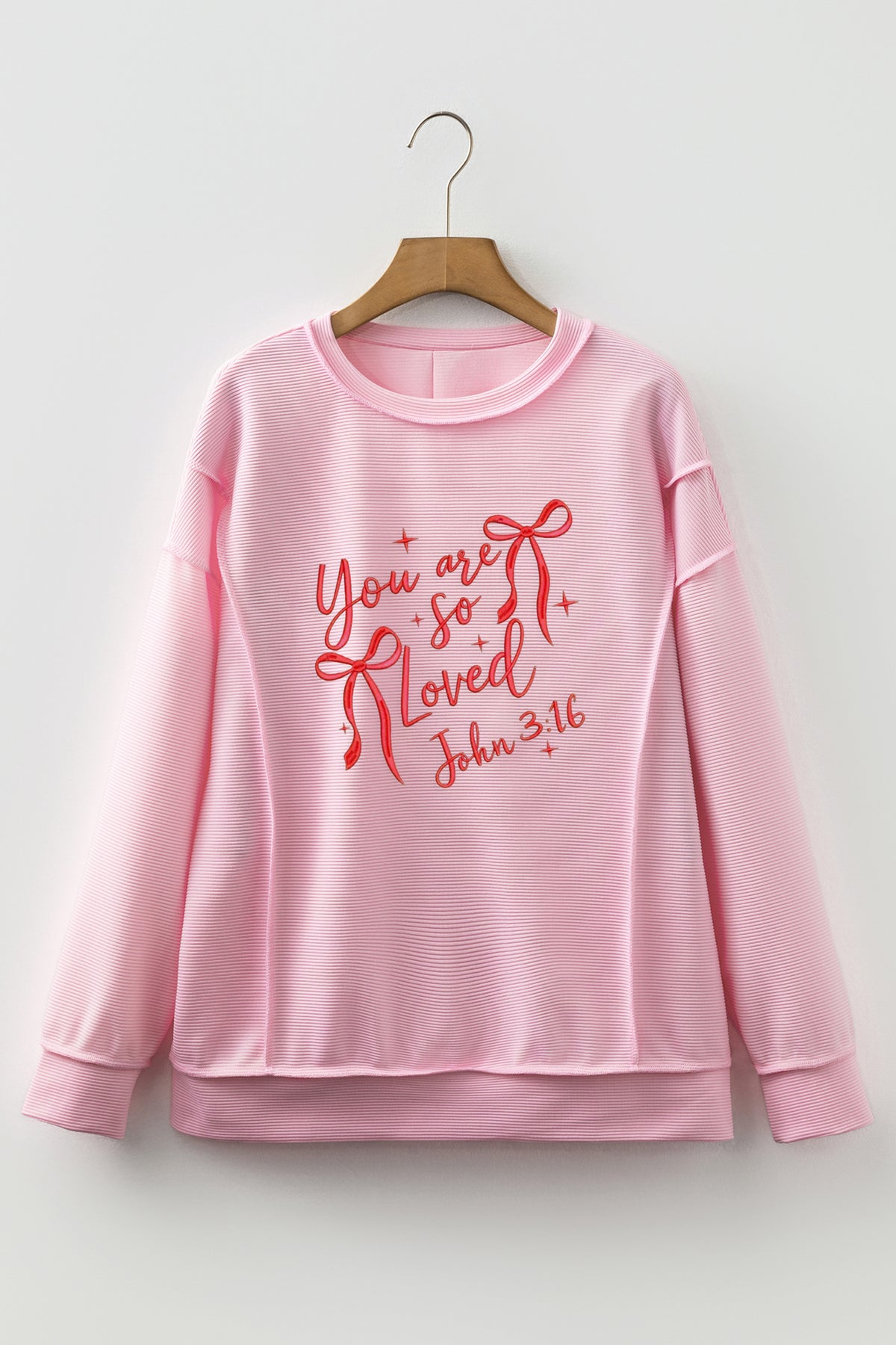 Pink you are so loved Valentines Day Bow Embroidered Graphic Pullover Top