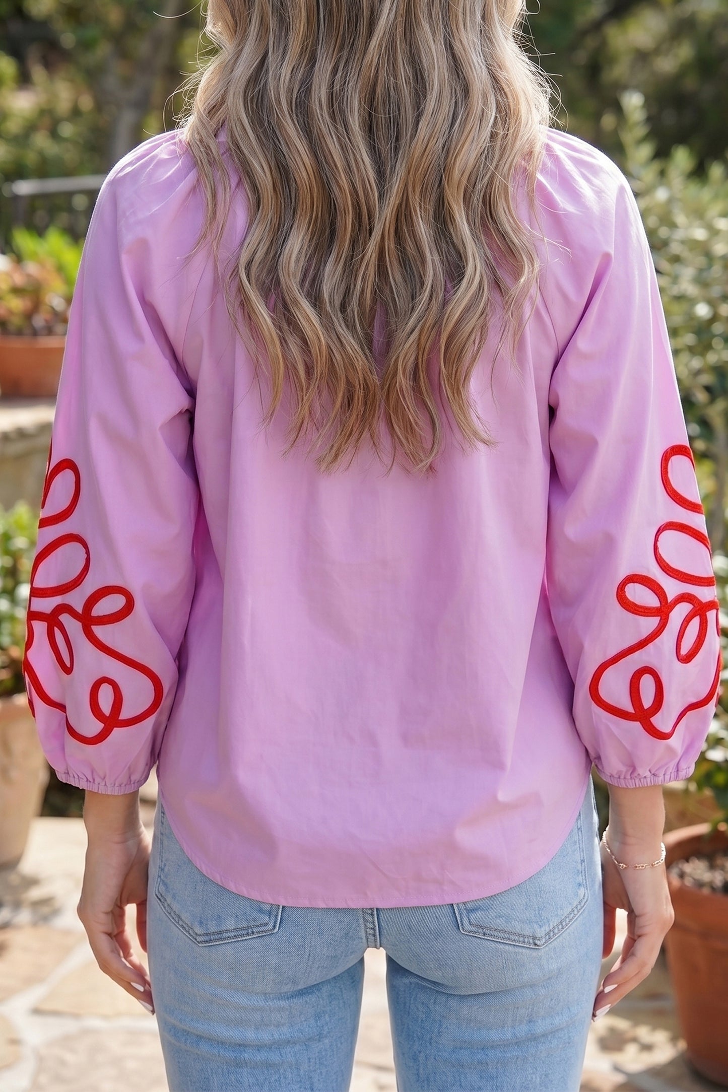 Orchid Bouquet Contrast Detail Long Sleeve Decorative Neckline Cotton Blouse