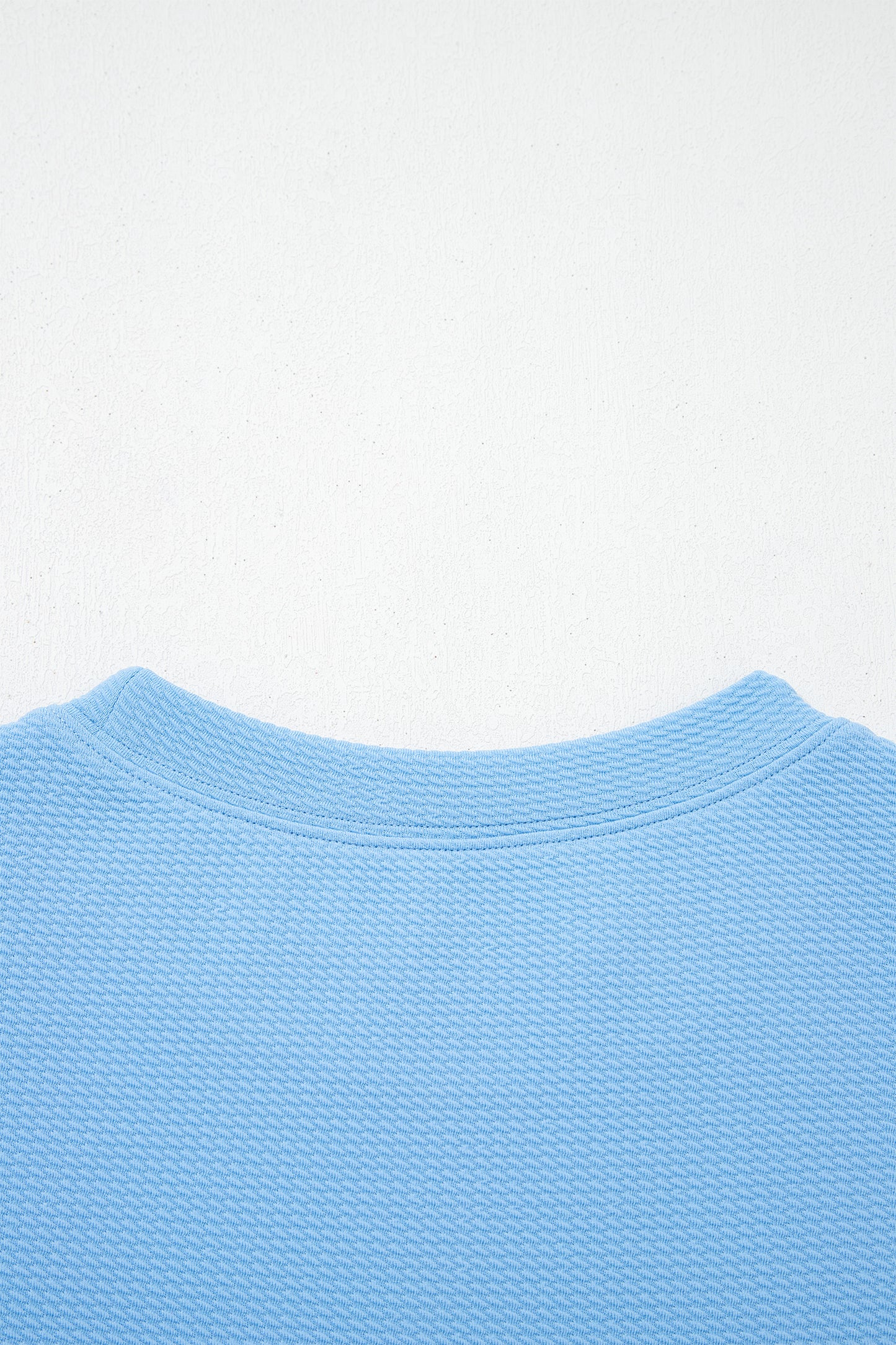 Light Blue Round Neck Textured Contrast Floral Bubble Sleeve Blouse