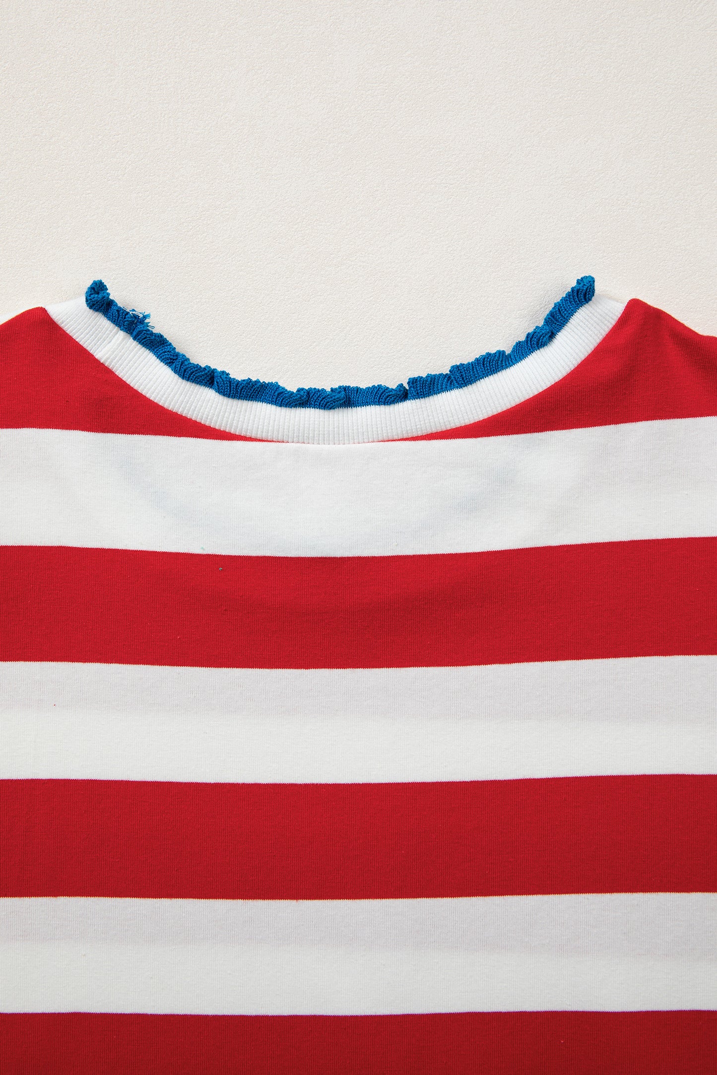 Red Stripe Contrast Trim Round Neck Short Puff Sleeve Shift Dress