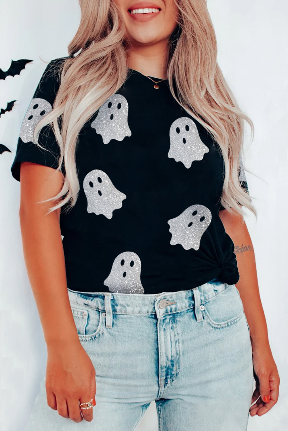 Glitter Ghost Pattern Crew Neck Halloween T Shirt