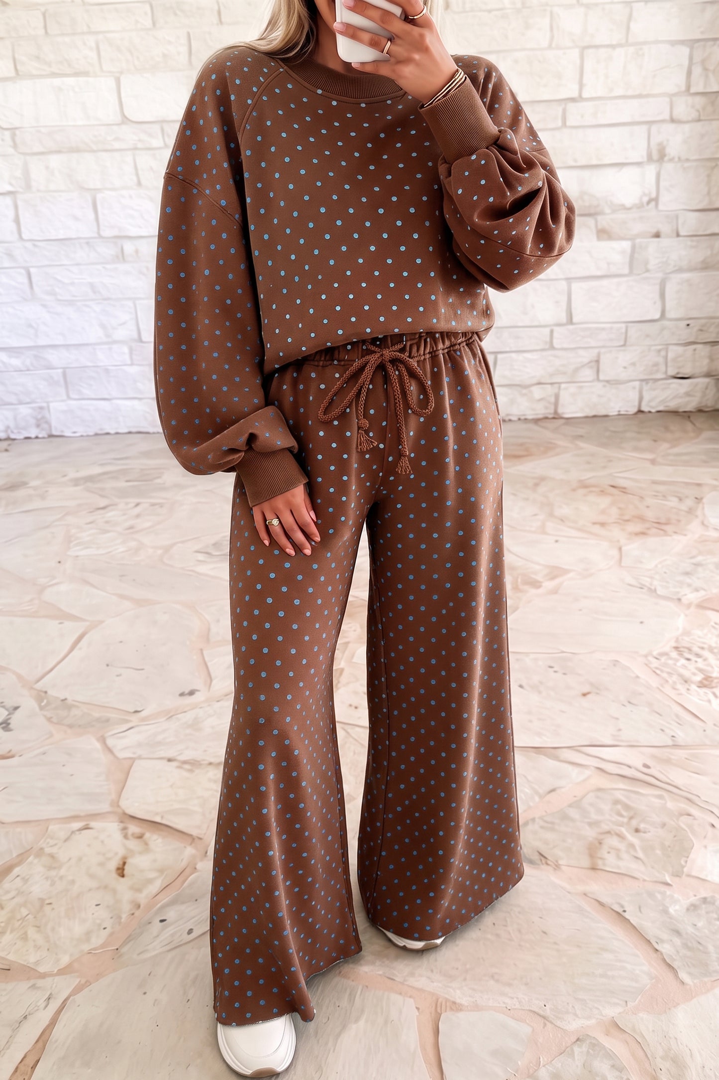 Red Polka Dot Drawstring Wide Leg Long Sleeve Top Pant Set