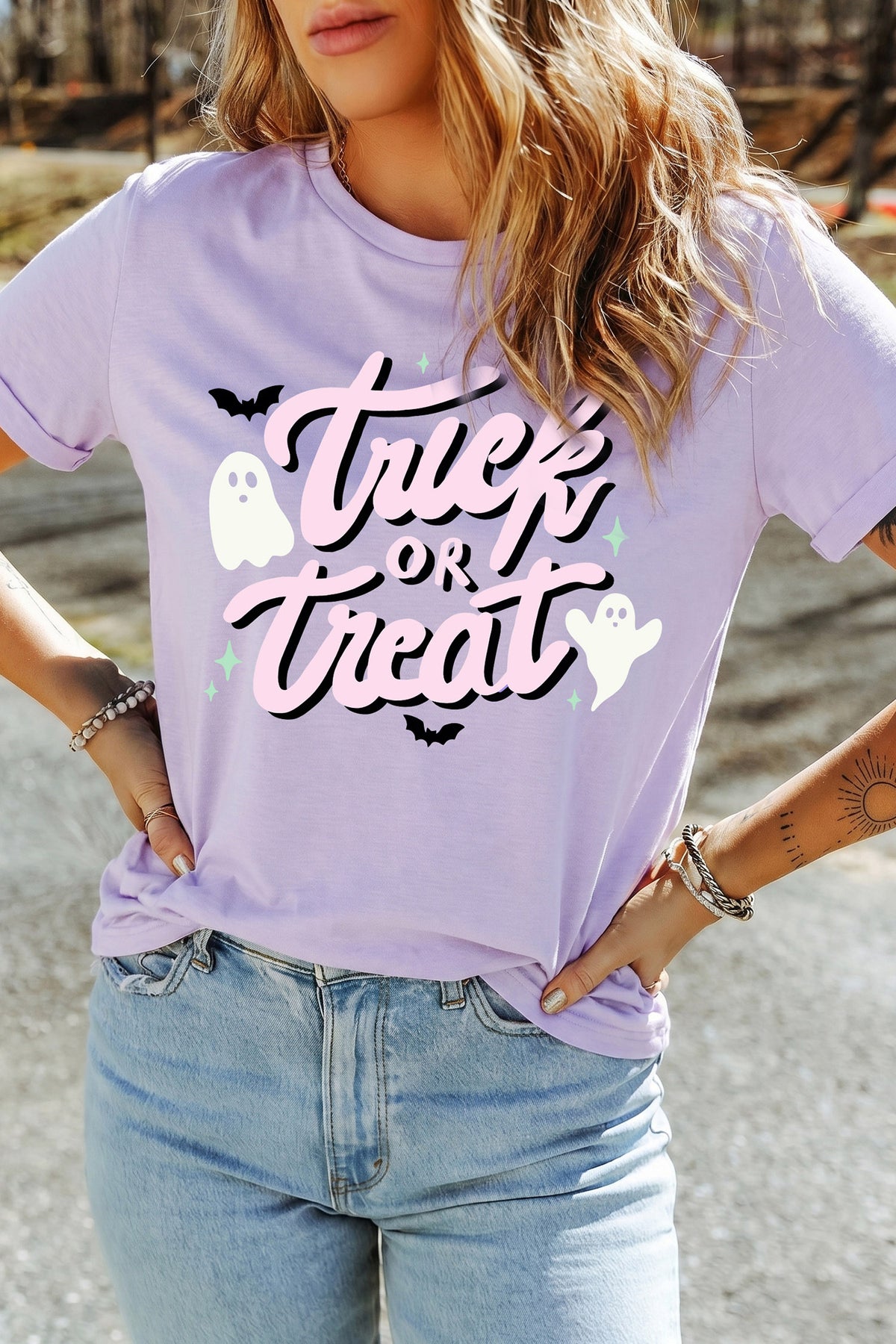 Orchid Petal Halloween Trick or Treat Slogan Graphic Round Neck T-Shirt