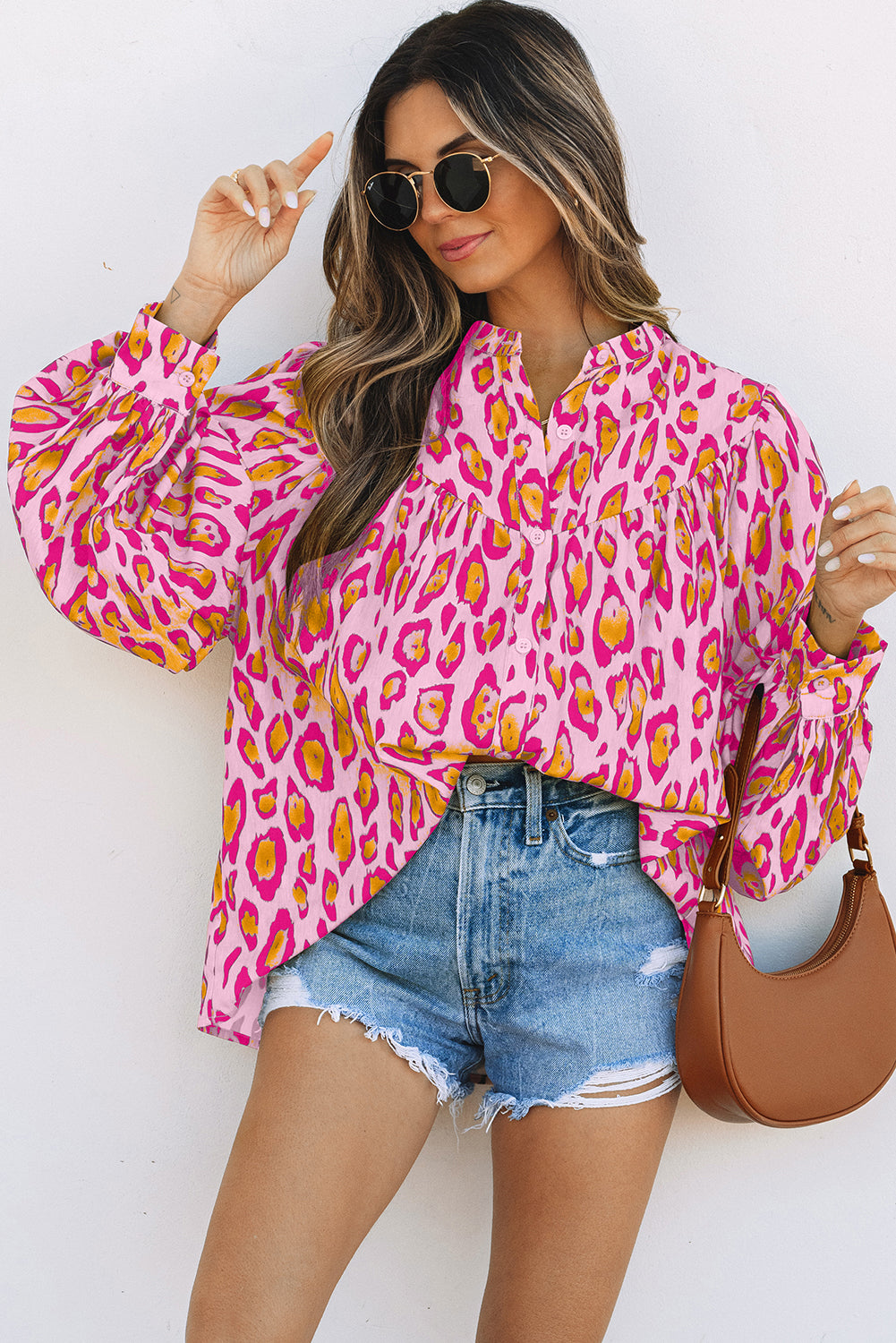 Pink Palms Leopard Button-Up Blouse
