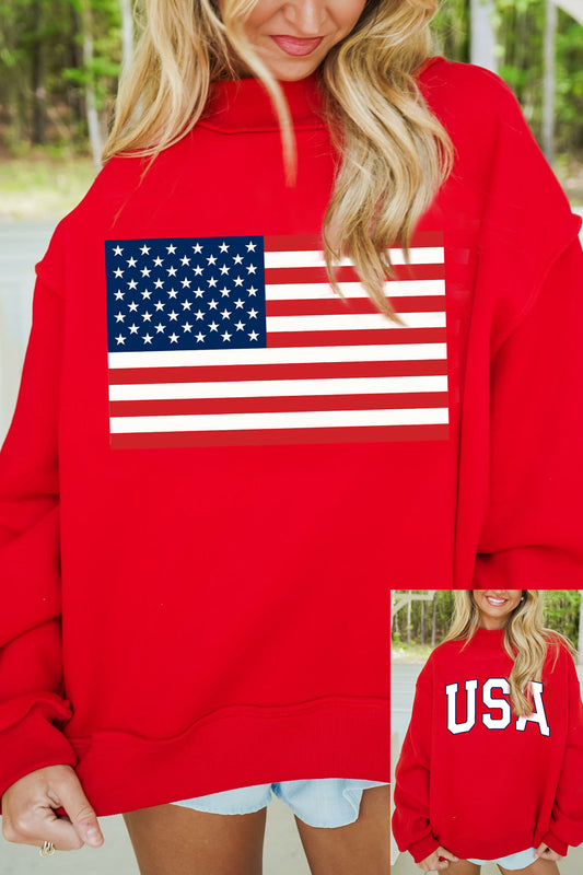 Red American Flag/ USA Double Side Print Reversible Mock Neck Sweatshirt