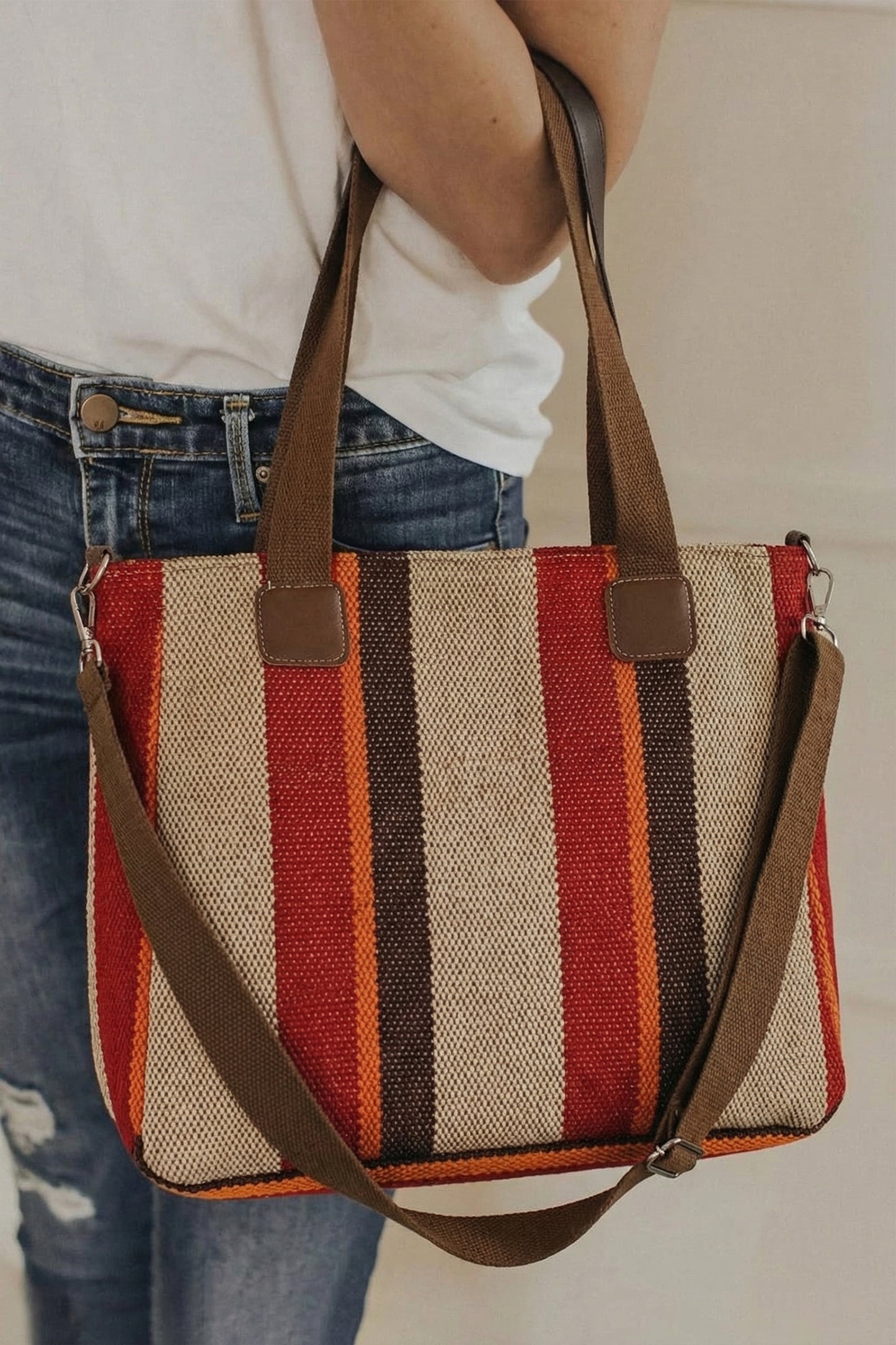 Fiery Red Canvas Striped Convertible Tote Bag