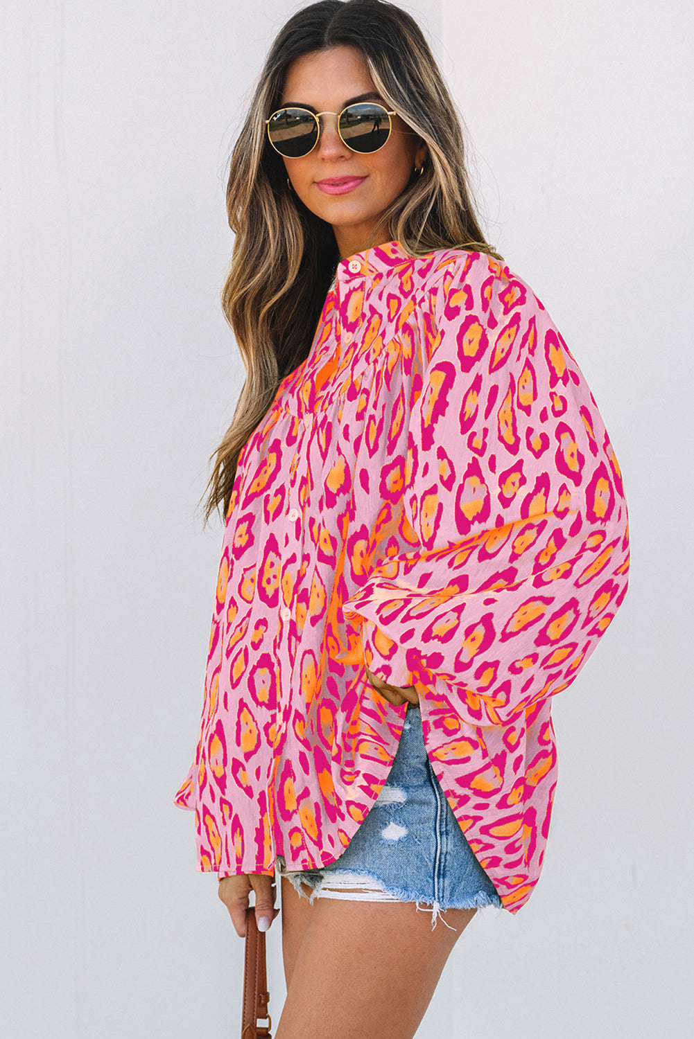 Pink Palms Leopard Button-Up Blouse