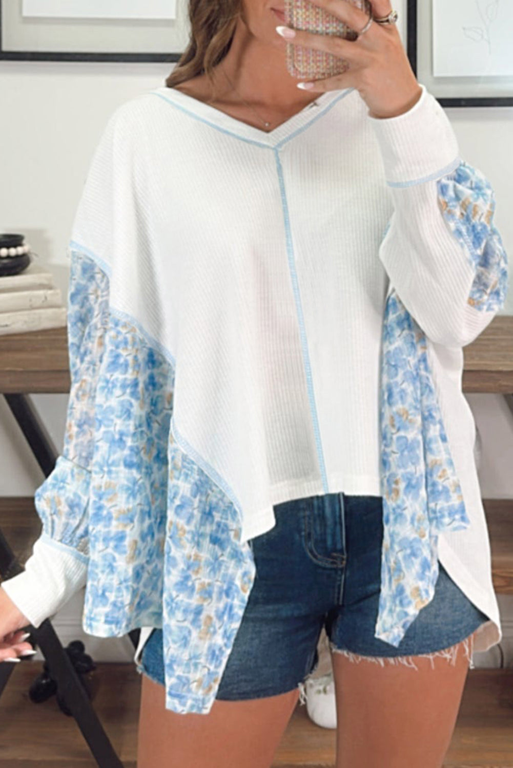 White Abstract Floral Patchwork Blouse