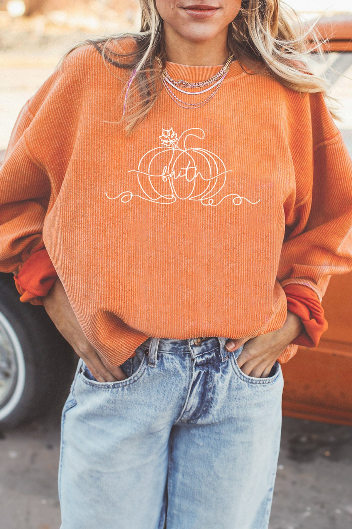 Orange Custom Embroidered Pumpkin Faith Graphic Sweatshirt