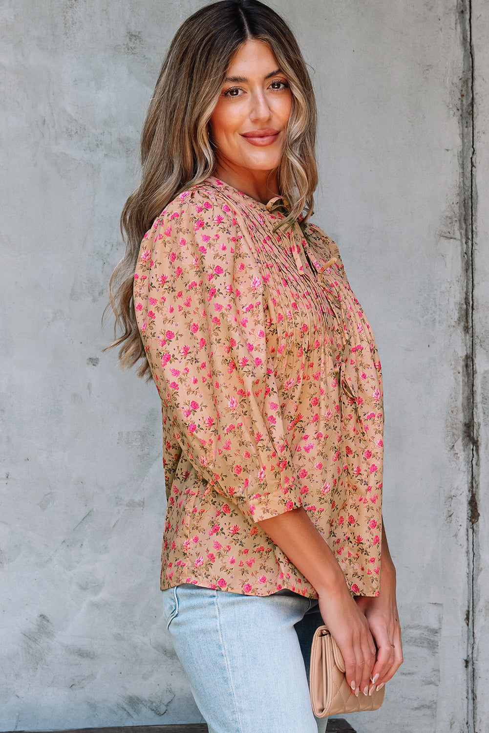 Light French Beige Floral Print Bow Pintuck Bust Half Puff Sleeve Blouse Top