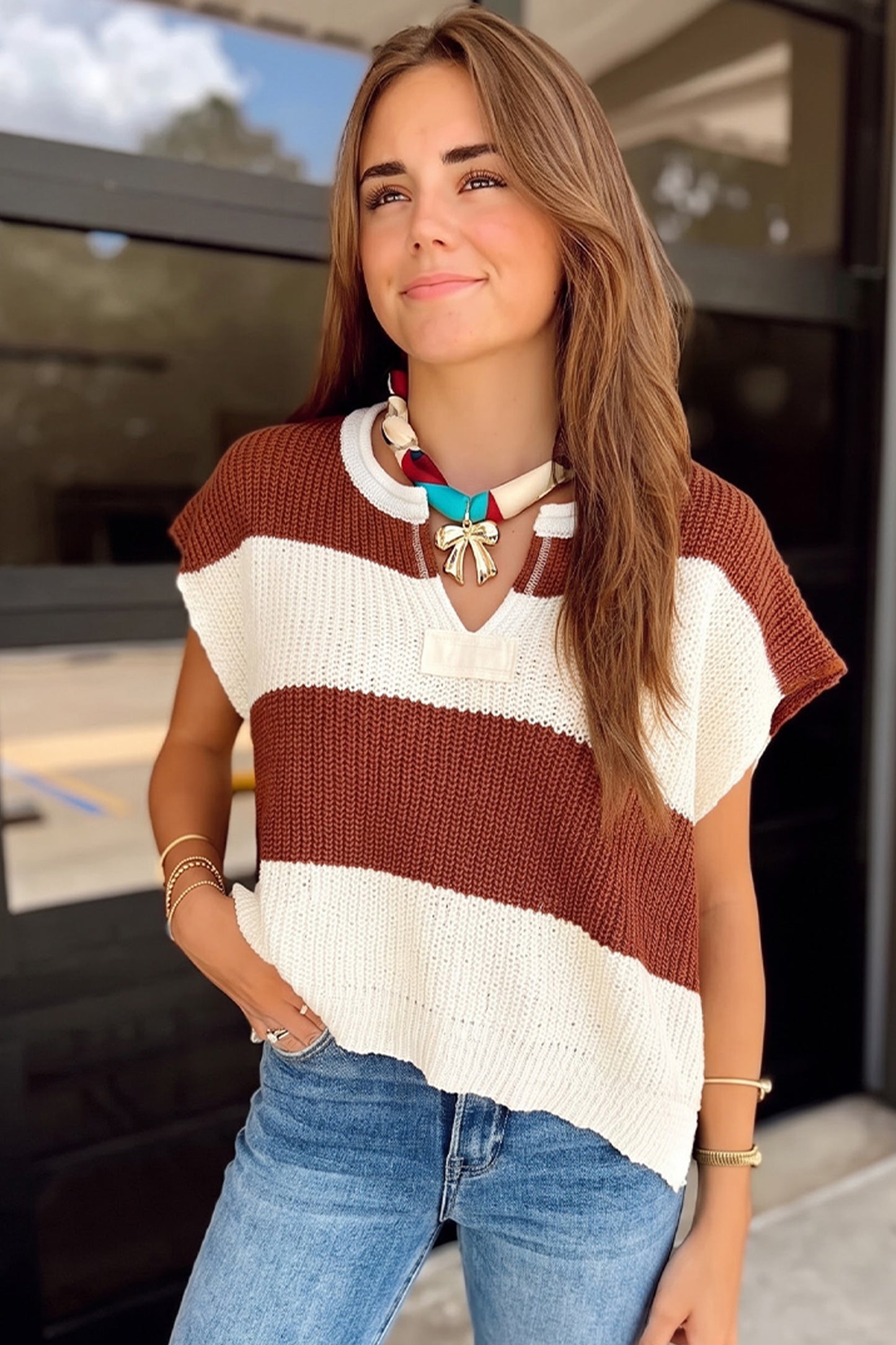 Brown Stripe Striped Colorblock Knit V Neck Short Sleeve Loose Sweater