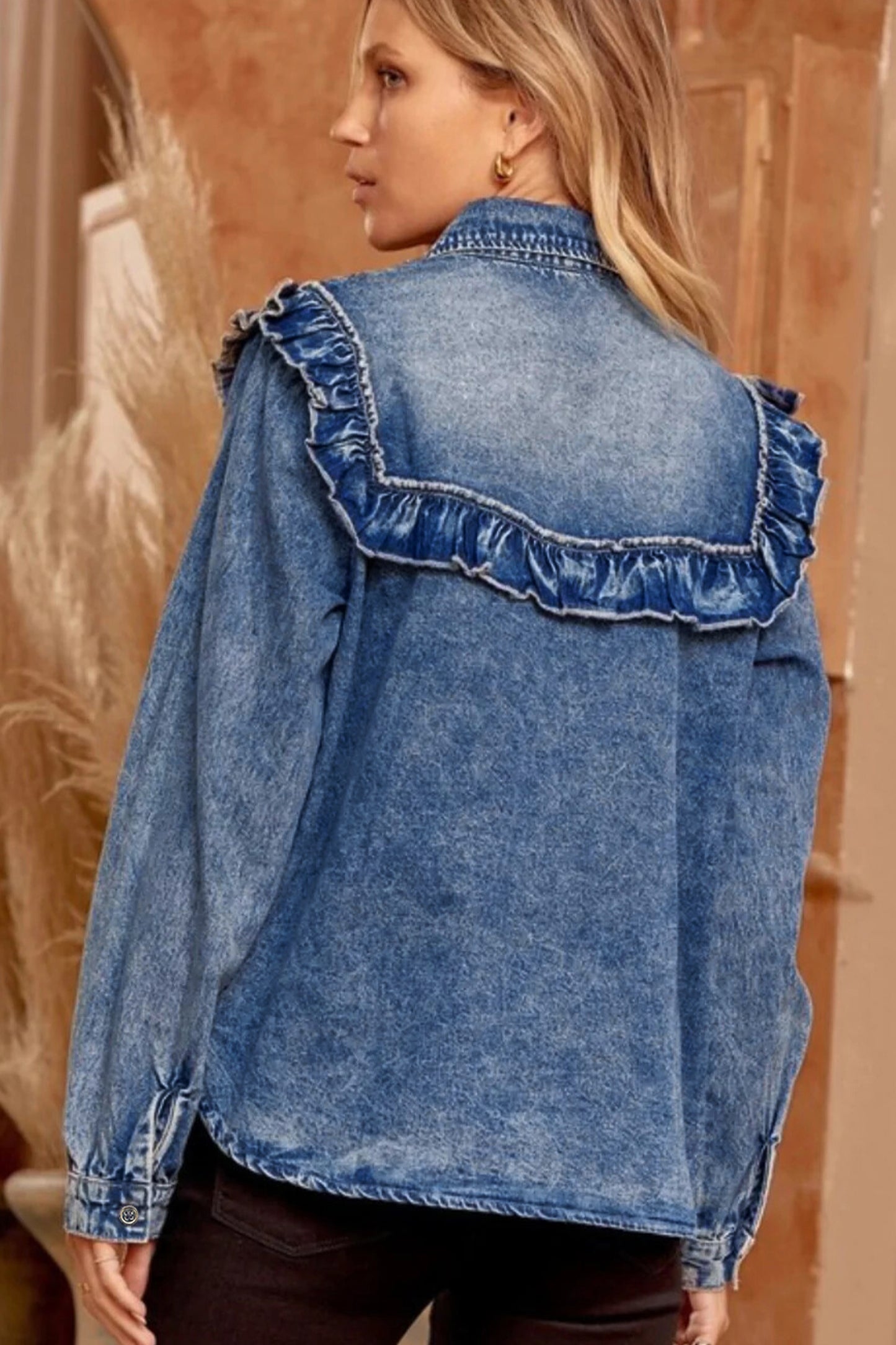 Ruffled Indigo Charm Denim Shirt