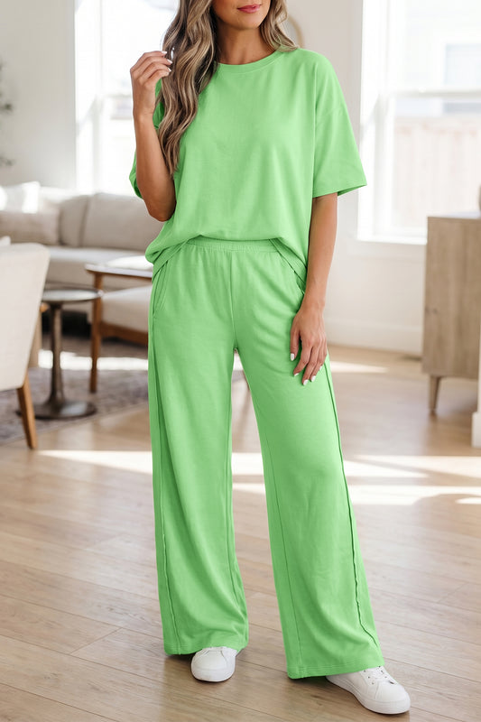 Green Solid Cover Oversize Tee Pocketed Casual Pants 2pcs Outfit