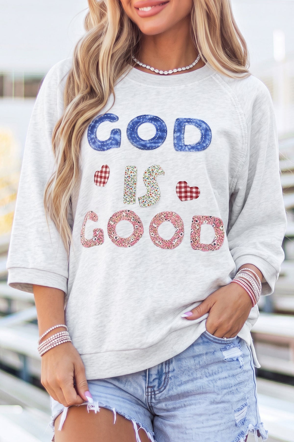 Grey GOD IS GOOD Patchwork Applique Relaxed 3/4 Sleeve Tunic Top