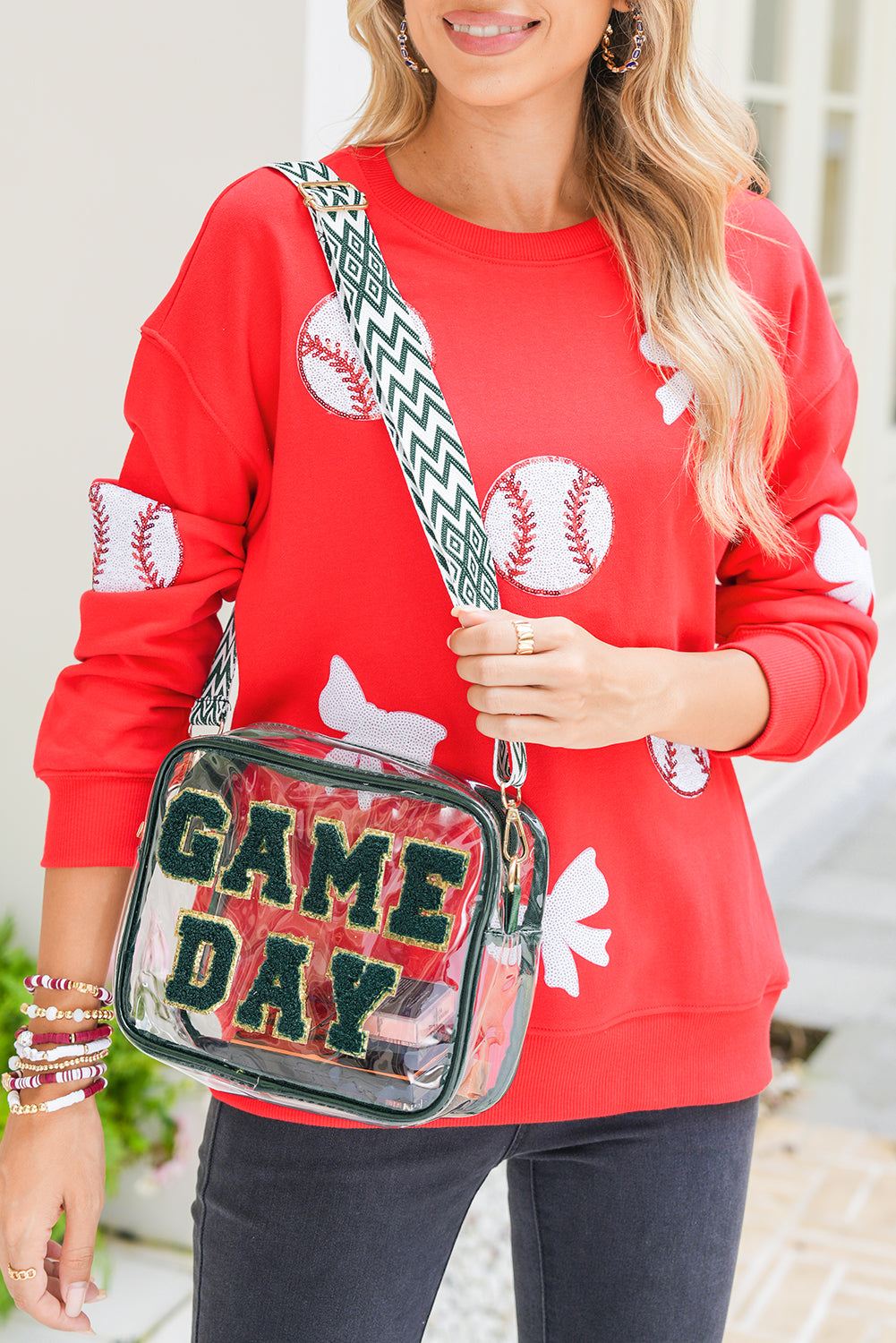 Black GAME DAY Chenille Embroidered Clear PVC Shoulder Bag