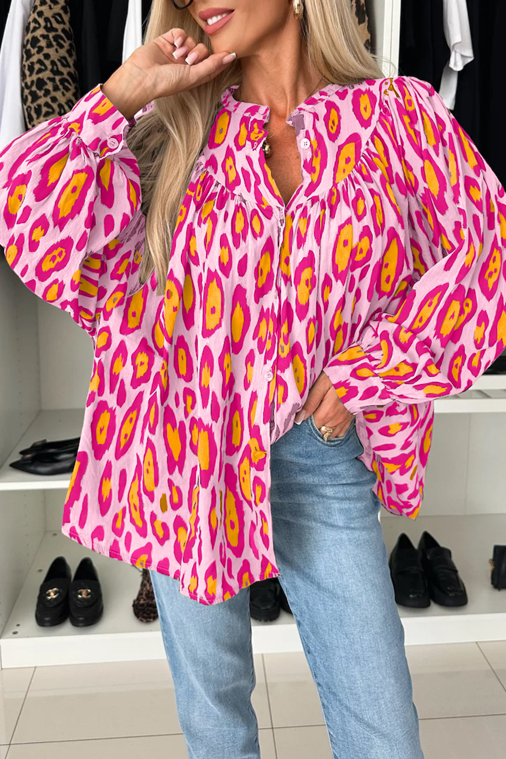 Pink Palms Leopard Button-Up Blouse