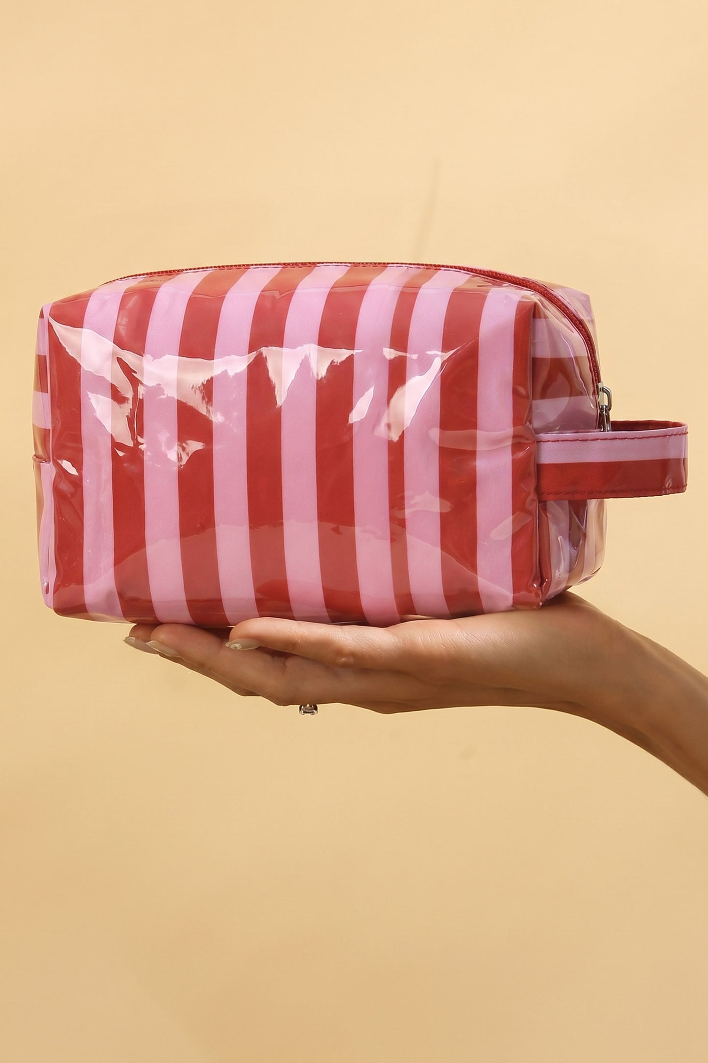 Dark Green PVC Striped Cosmetic Bag Durable Zipper Handle Travel Organizer