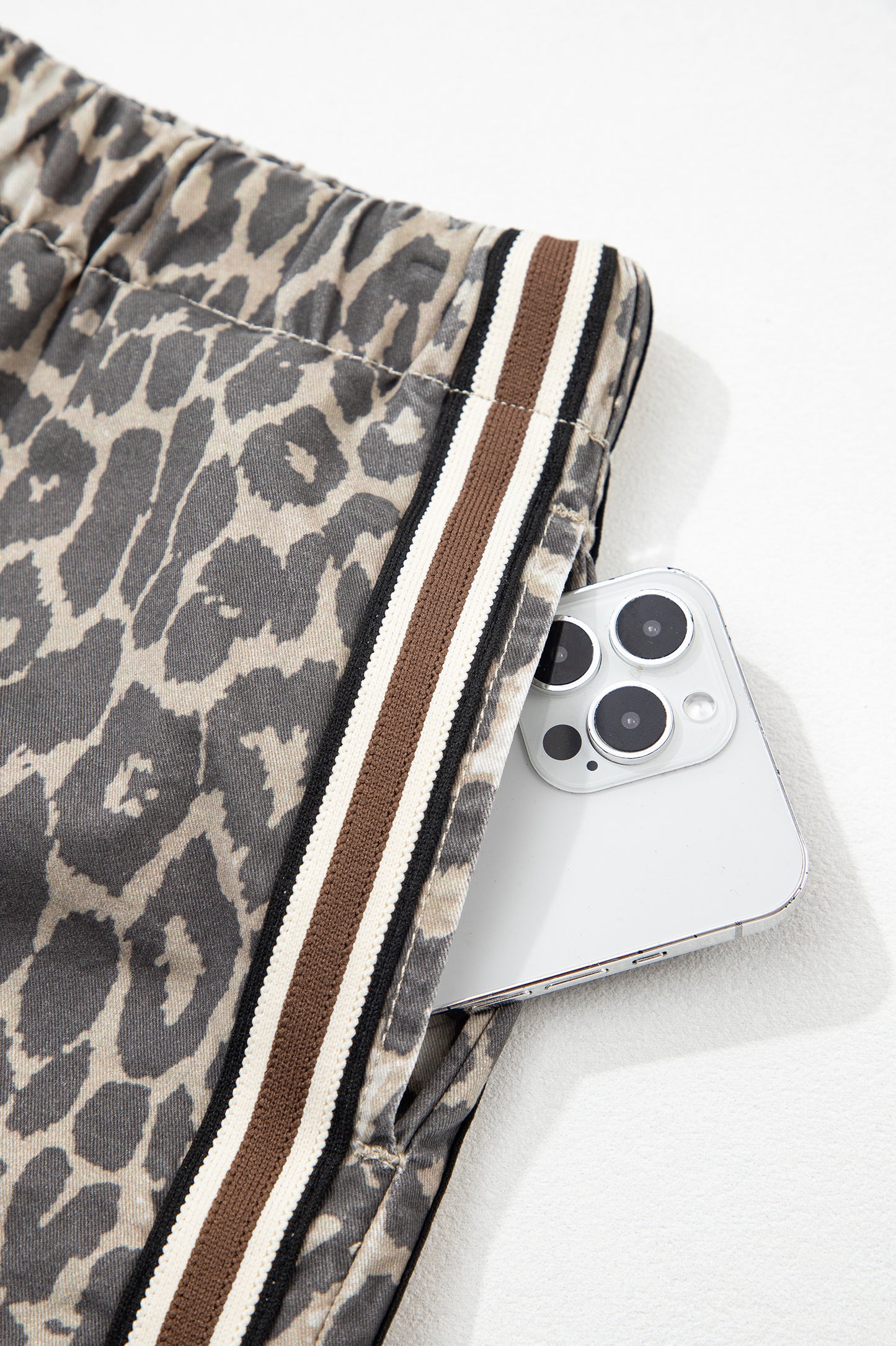 Multicolour Leopard Pattern Striped Detail Drawstring Denim Shorts