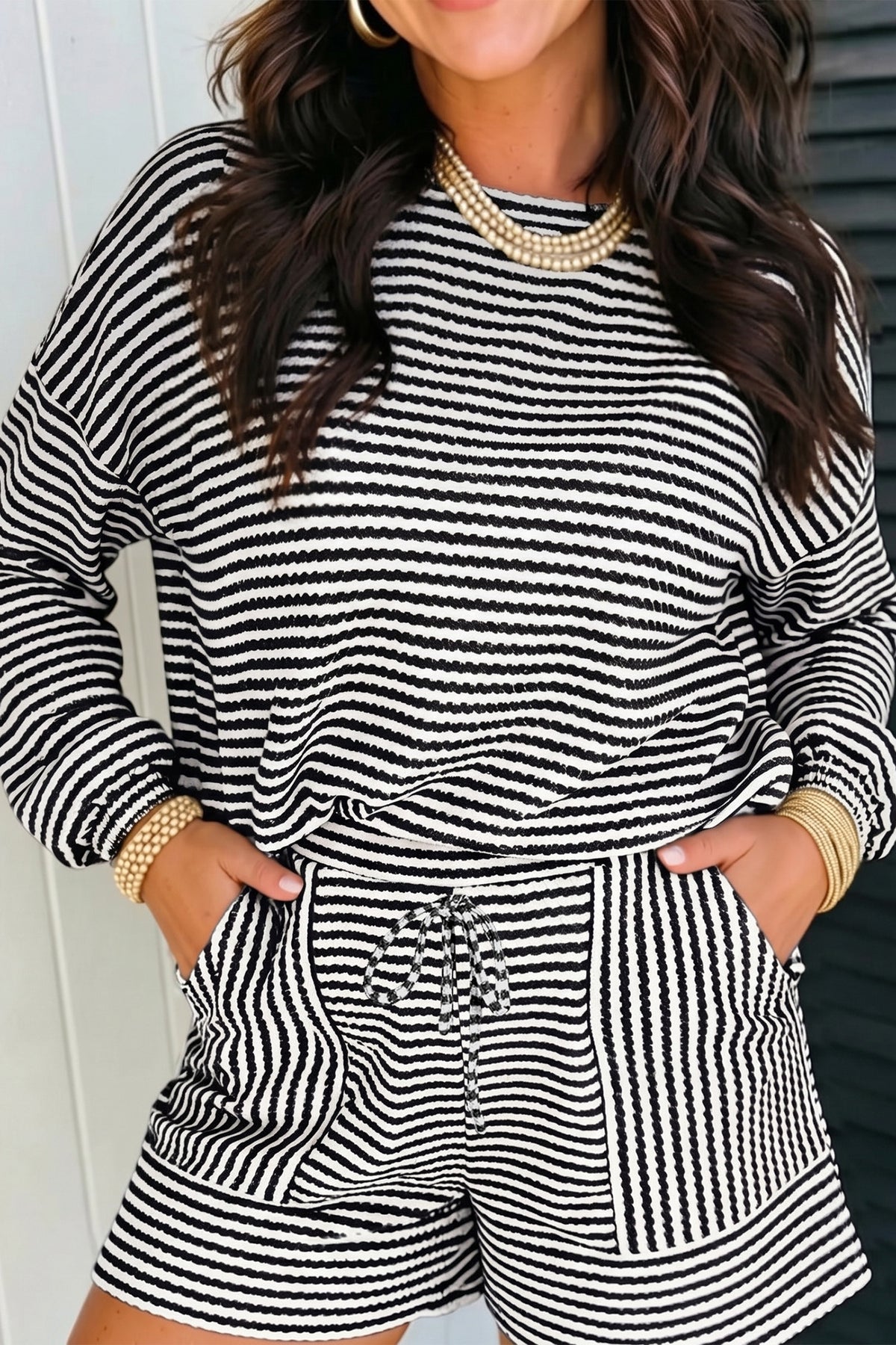 Black Stripe Textured Knit Long Sleeve Top Elastic Waist Shorts Casual Outfit