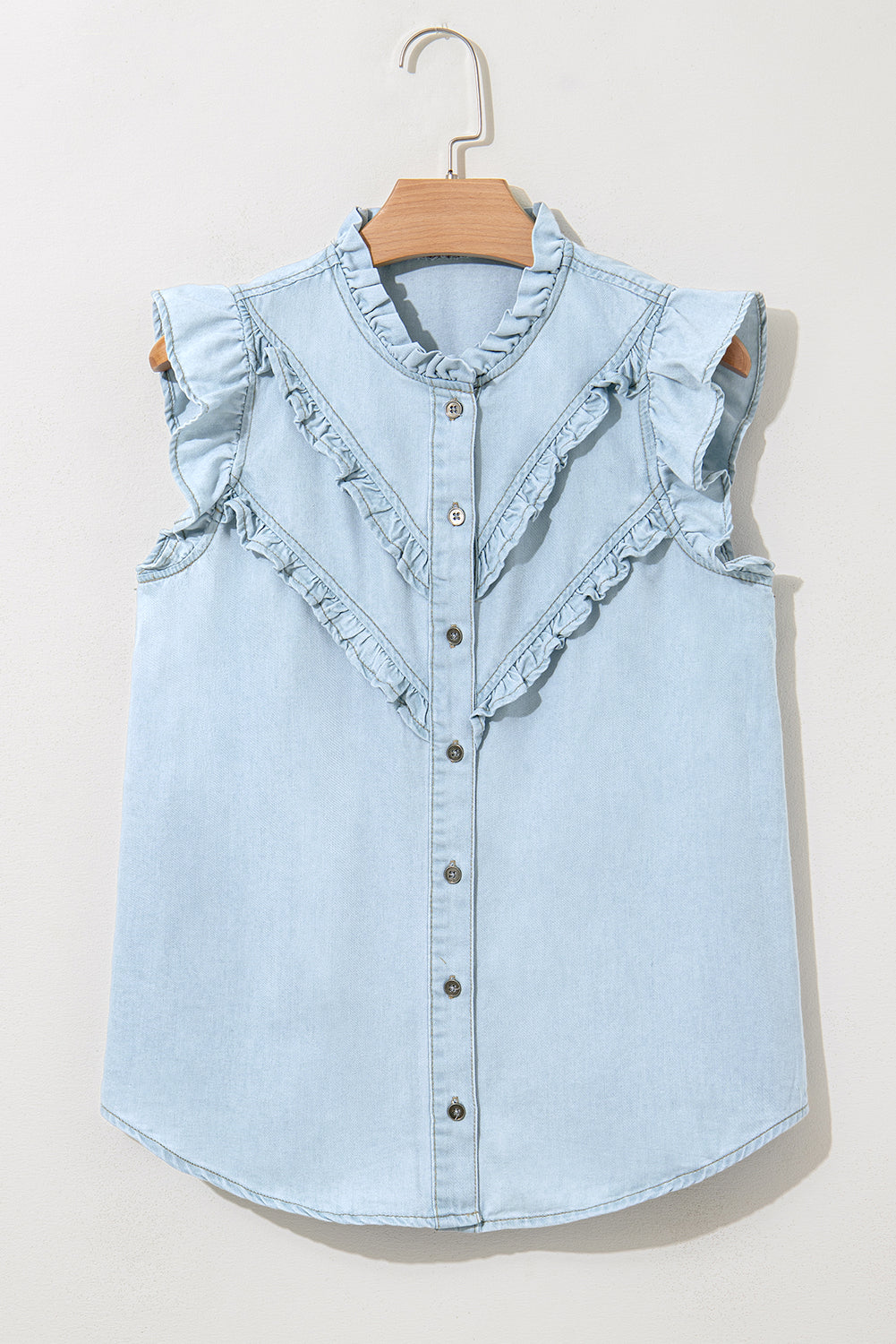 Beau Blue Mineral Wash Frilled Button Up Denim Shirt