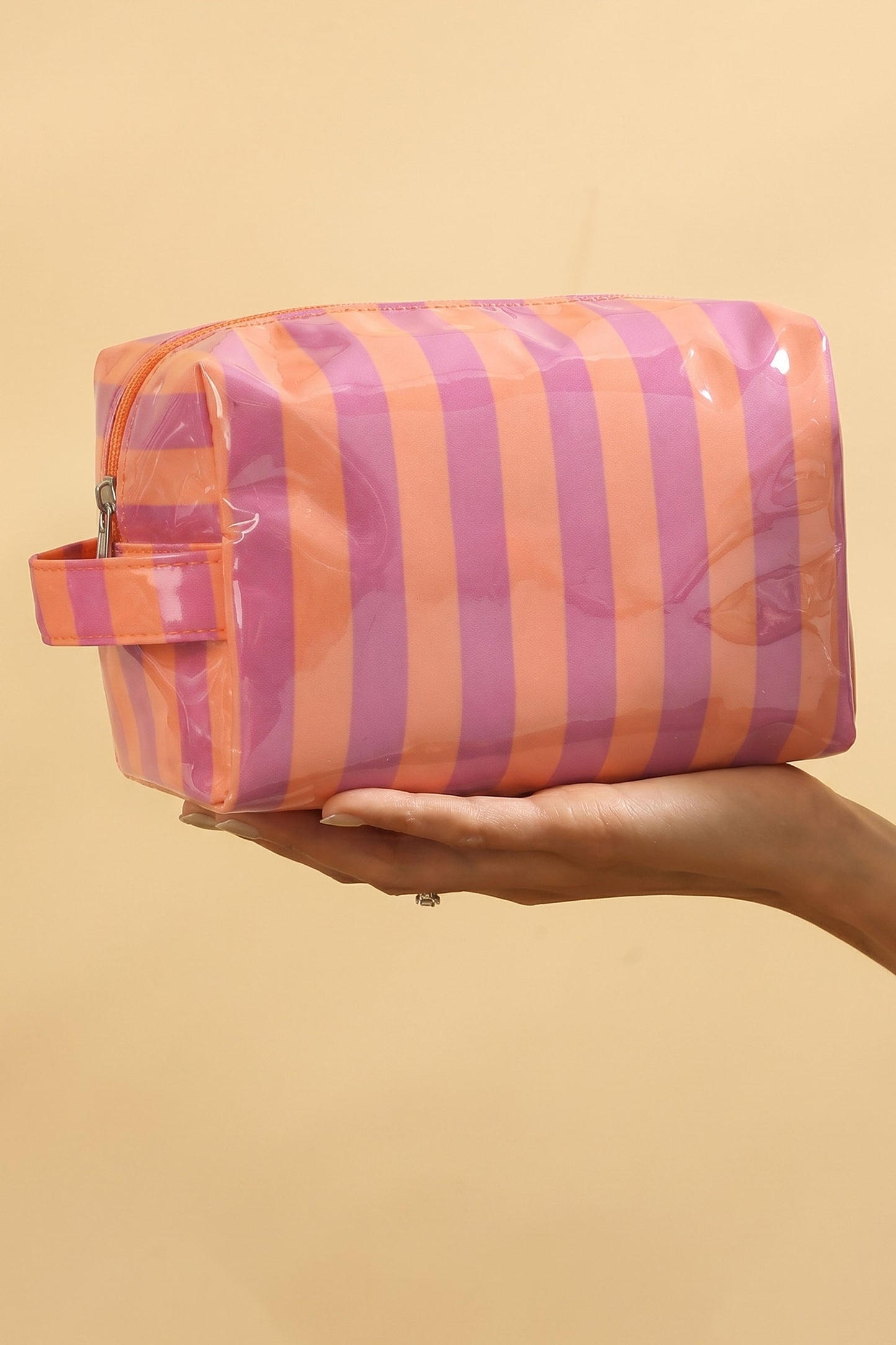 Dark Green PVC Striped Cosmetic Bag Durable Zipper Handle Travel Organizer