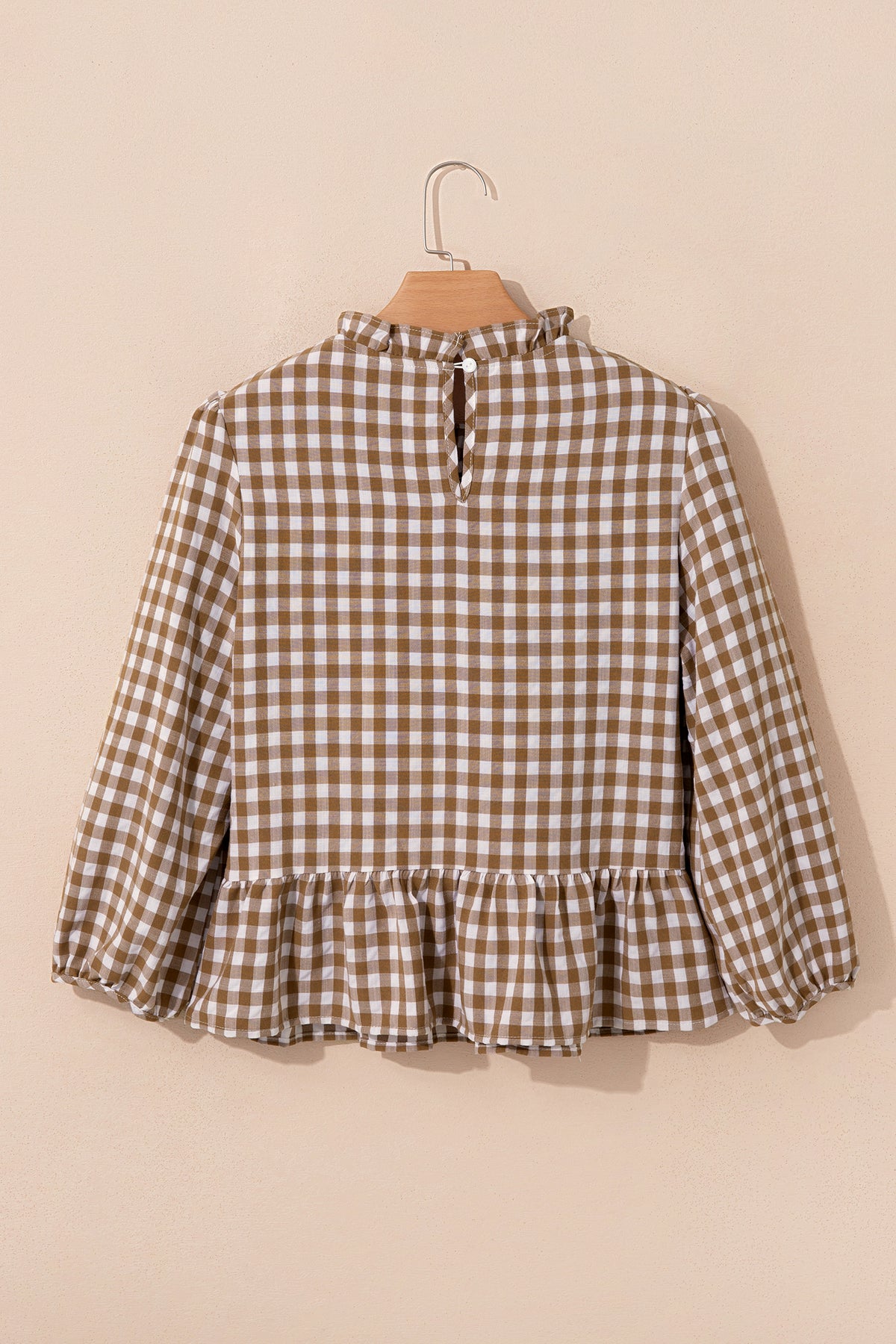 Brown 3/4 Sleeve Shirred Plaid Peplum Top