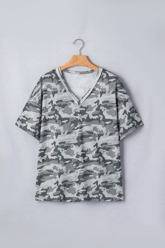 Green Retro Camouflage Print Raw Edge V Neck Tee