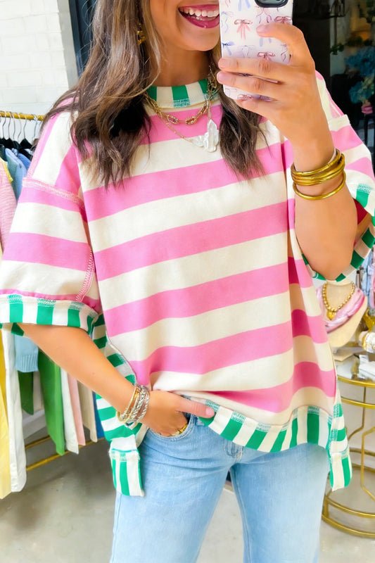 Pink Stripe Exposed Seam Contrast Patchwork Oversized Top
