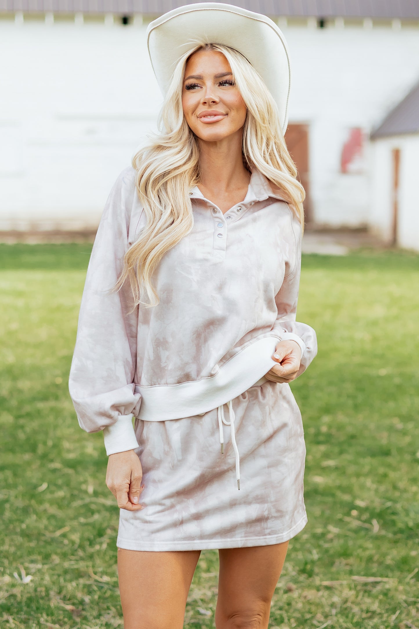 White Abstract Woodland Print Balloon Sleeve Pullover Drawstring Mini Skirt Set