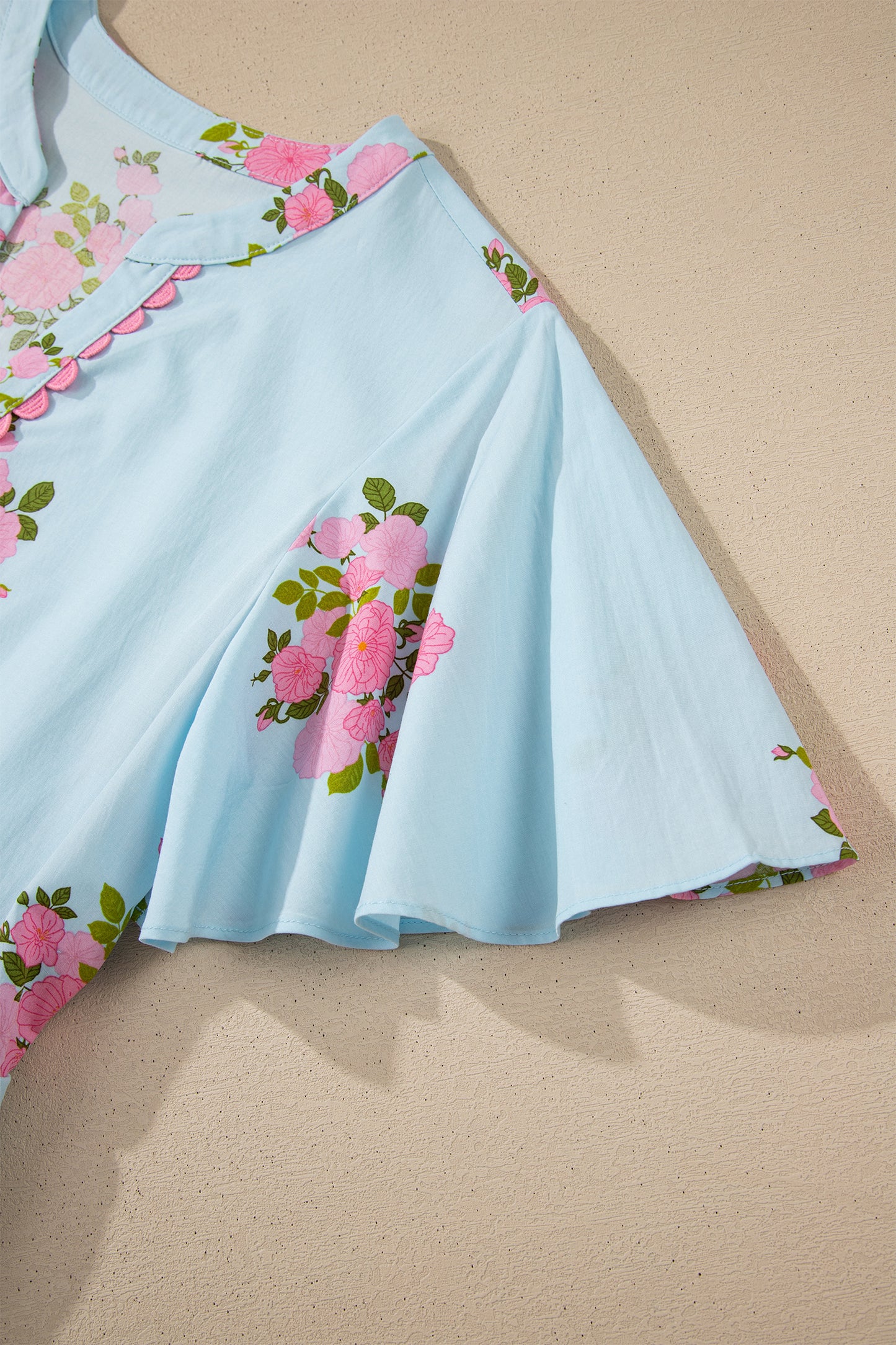 Sky Blue Notched Neck Flutter Short Sleeve Floral Print Maxi Dress